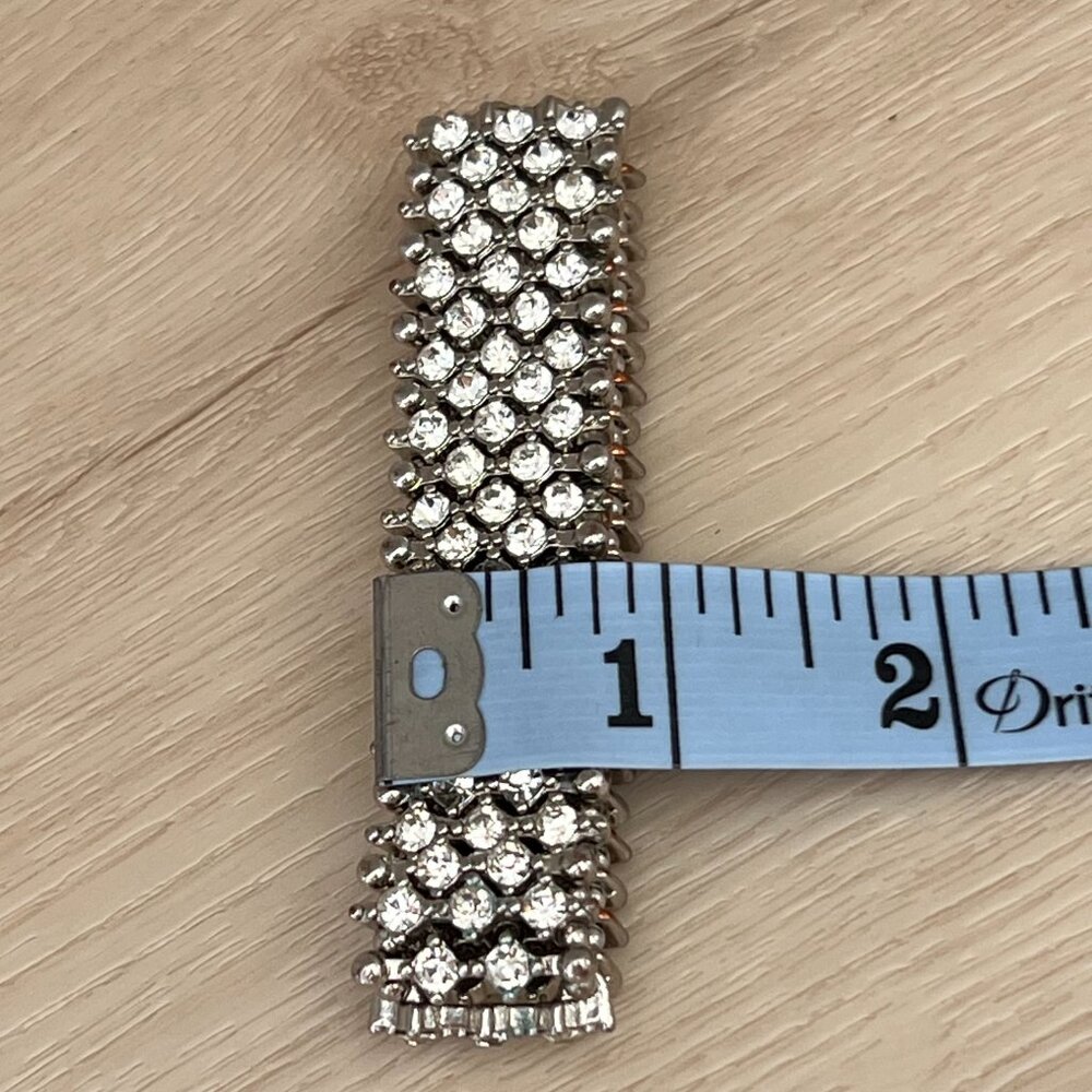 Vintage White Rhinestone Silver-tone Metal  1" Wide Stretch Bracelet / Showgirl - Picture 10 of 14
